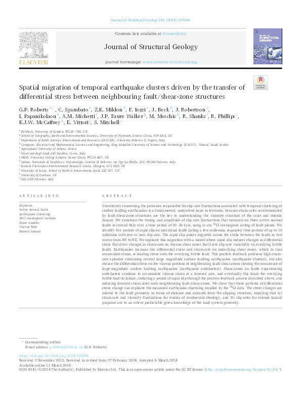 Spatial migration of temporal earthquake clusters driven by the transfer of differential stress between neighbouring fault/shear-zone structures Thumbnail