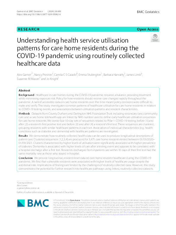 Understanding health service utilisation patterns for care home residents during the COVID-19 pandemic using routinely collected healthcare data Thumbnail