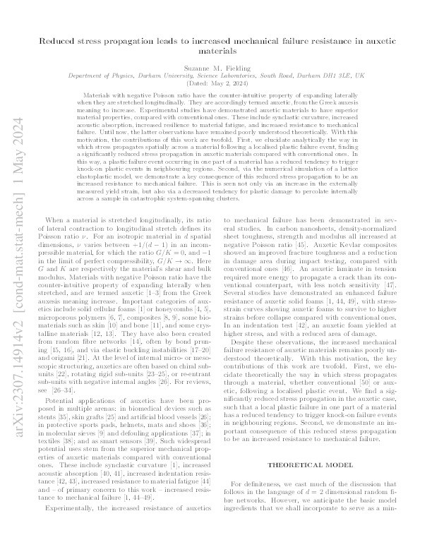 Reduced stress propagation leads to increased mechanical failure resistance in auxetic materials Thumbnail