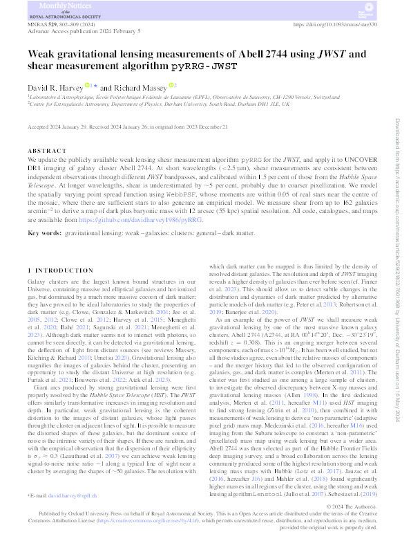 Weak gravitational lensing measurements of Abell 2744 using JWST and shear measurement algorithm pyRRG-JWST Thumbnail