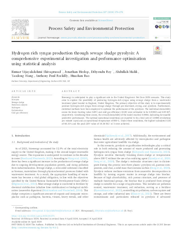 Hydrogen rich syngas production through sewage sludge pyrolysis: A comprehensive experimental investigation and performance optimisation using statistical analysis Thumbnail