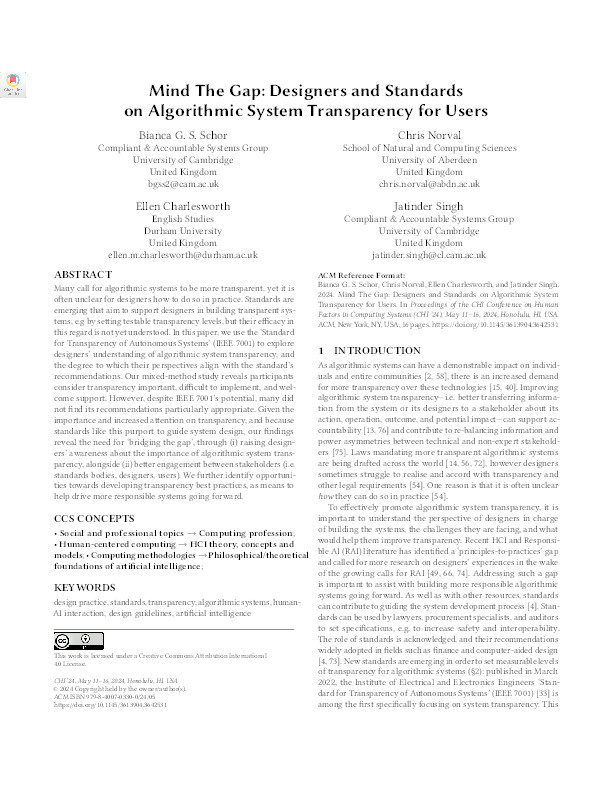 Mind The Gap: Designers and Standards on Algorithmic System Transparency for Users Thumbnail