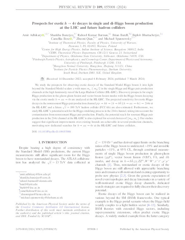 Prospects for exotic h→4τ decays in single and di-Higgs boson production at the LHC and future hadron colliders Thumbnail