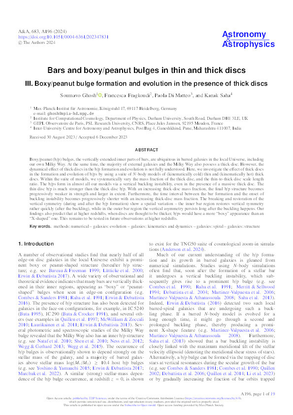 Bars and boxy/peanut bulges in thin and thick discs: III. Boxy/peanut bulge formation and evolution in the presence of thick discs Thumbnail