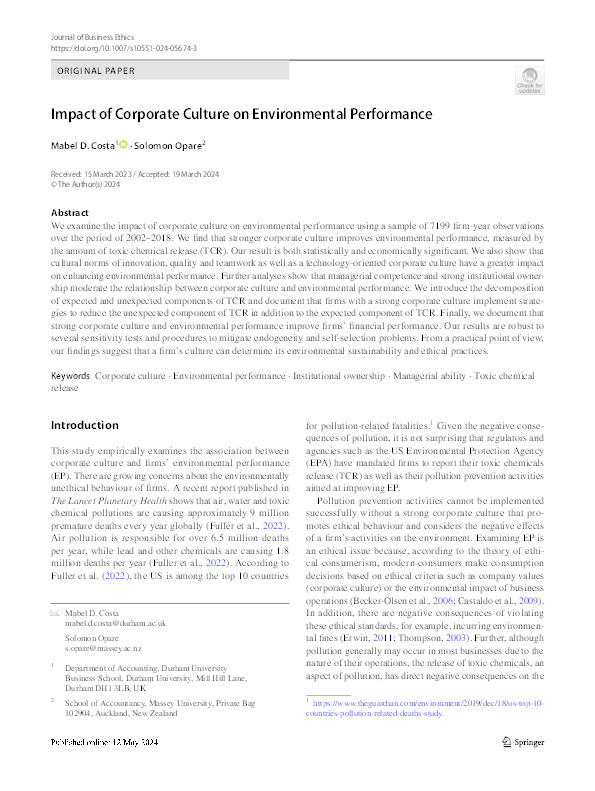 Impact of Corporate Culture on Environmental Performance Thumbnail