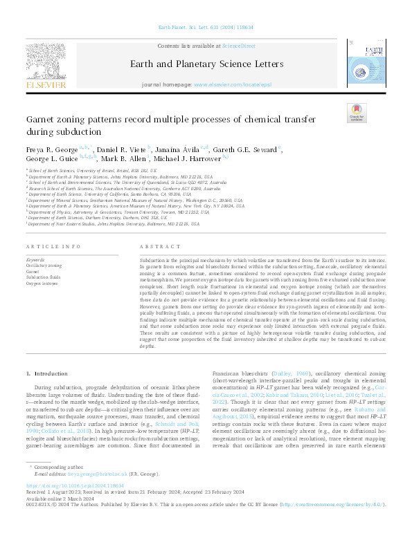 Garnet zoning patterns record multiple processes of chemical transfer during subduction Thumbnail