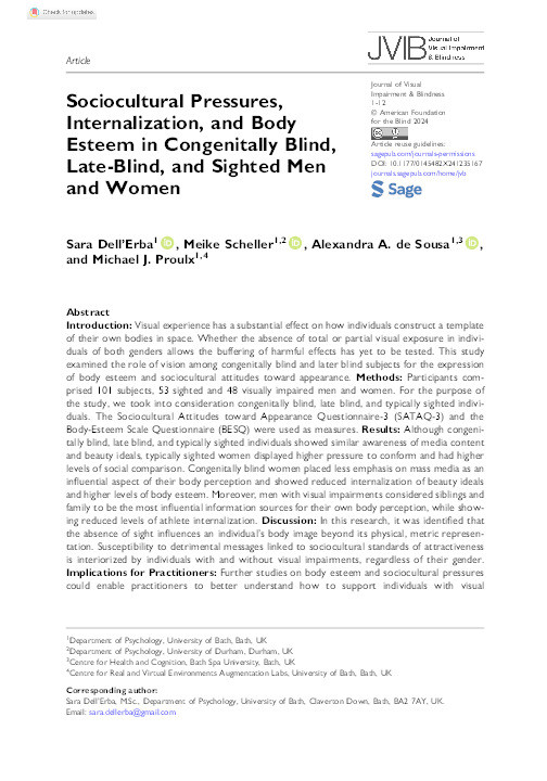 Sociocultural Pressures, Internalization, and Body Esteem in Congenitally Blind, Late-Blind, and Sighted Men and Women Thumbnail