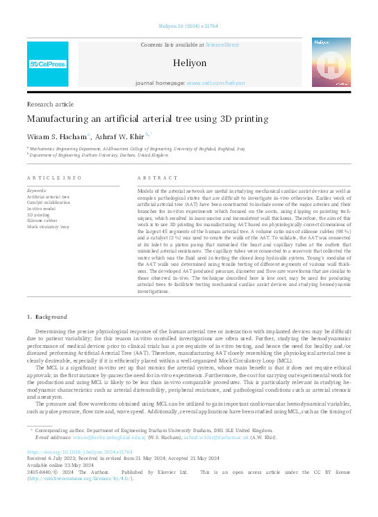 Manufacturing an Artificial Arterial Tree Using 3D printing Thumbnail