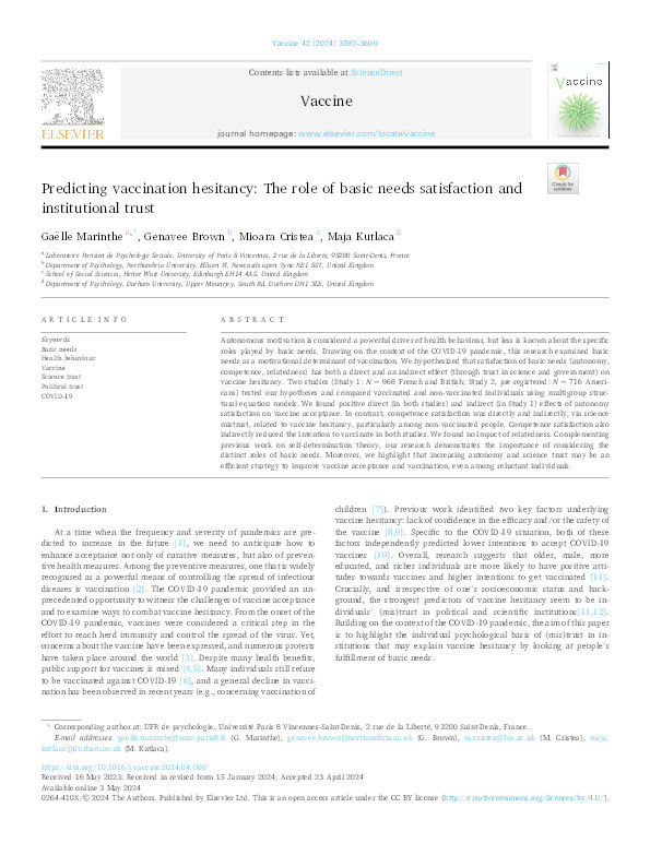 Predicting vaccination hesitancy: The role of basic needs satisfaction and institutional trust. Thumbnail