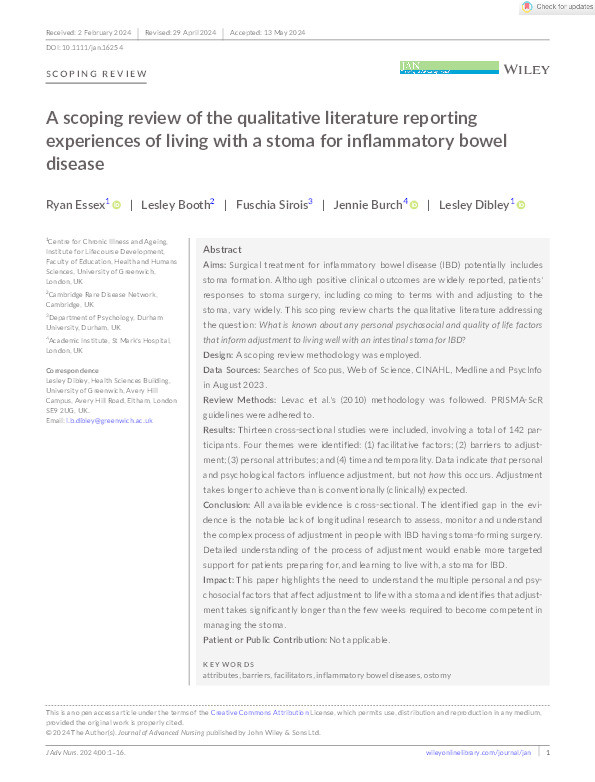 A scoping review of the qualitative literature reporting experiences of living with a stoma for inflammatory bowel disease Thumbnail