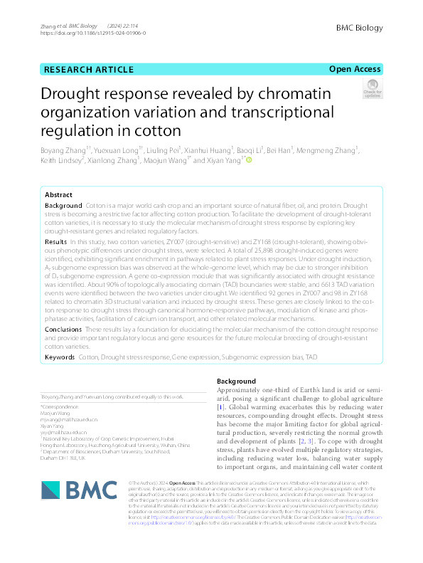 Drought response revealed by chromatin organization variation and transcriptional regulation in cotton Thumbnail