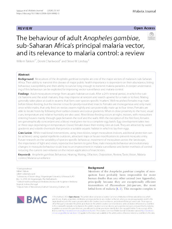 The behaviour of adult Anopheles gambiae, sub-Saharan Africa’s principal malaria vector, and its relevance to malaria control: a review Thumbnail