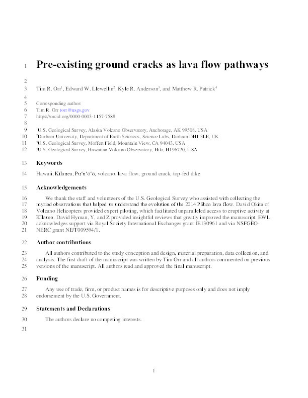 Pre-existing ground cracks as lava flow pathways at Kīlauea in 2014 Thumbnail