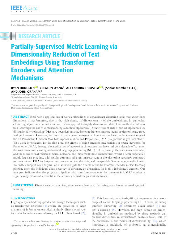 Partially-Supervised Metric Learning via Dimensionality Reduction of Text Embeddings using Transformer Encoders and Attention Mechanisms Thumbnail