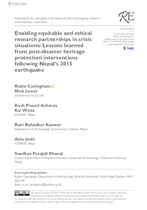 Enabling equitable and ethical research partnerships in crisis situations: Lessons learned from post-disaster heritage protection interventions following Nepal’s 2015 earthquake Thumbnail
