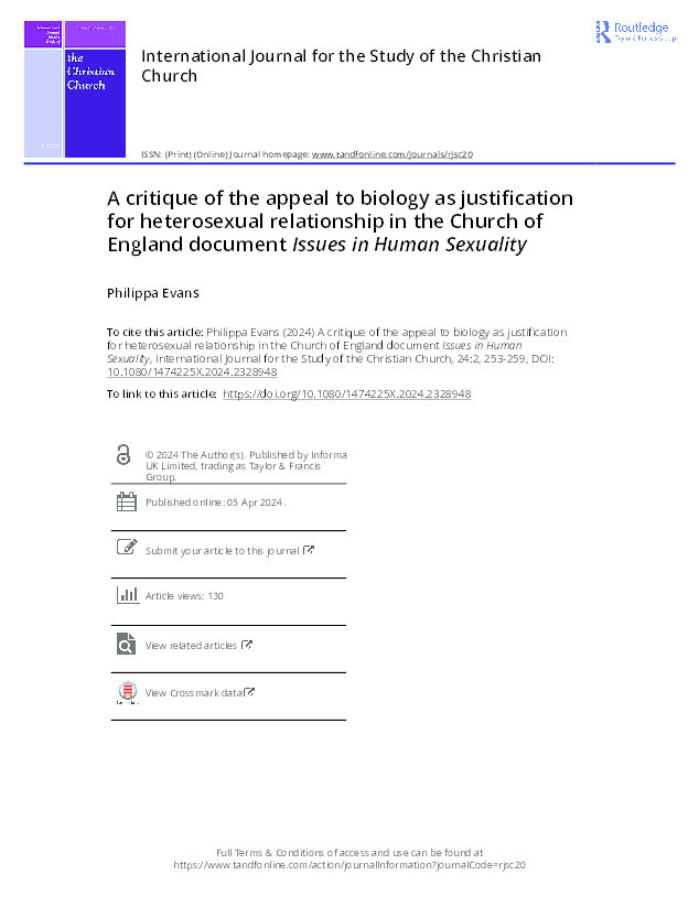 A critique of the appeal to biology as justification for heterosexual relationship in the Church of England document            Issues in Human Sexuality Thumbnail