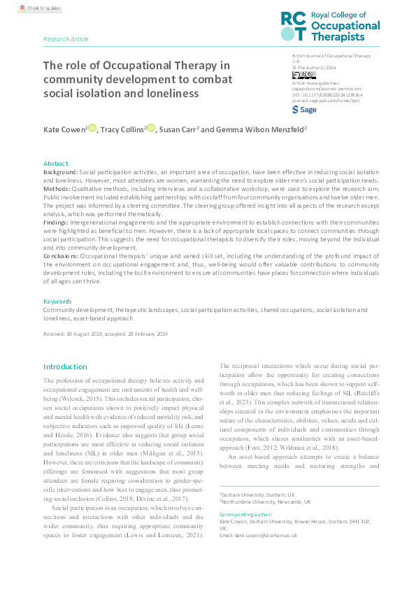 The role of Occupational Therapy in community development to combat social isolation and loneliness Thumbnail
