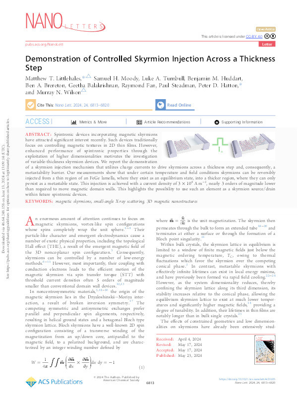 Demonstration of Controlled Skyrmion Injection Across a Thickness Step Thumbnail