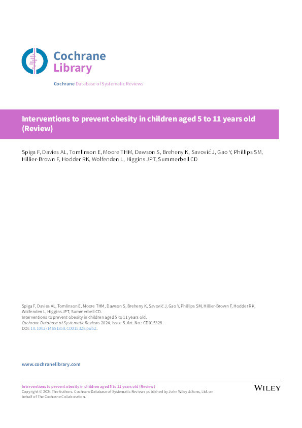 Interventions to prevent obesity in children aged 5 to 11 years old Thumbnail