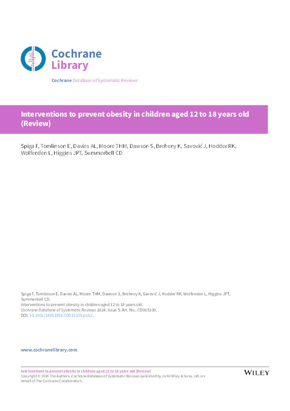 Interventions to prevent obesity in children aged 12 to 18 years old Thumbnail