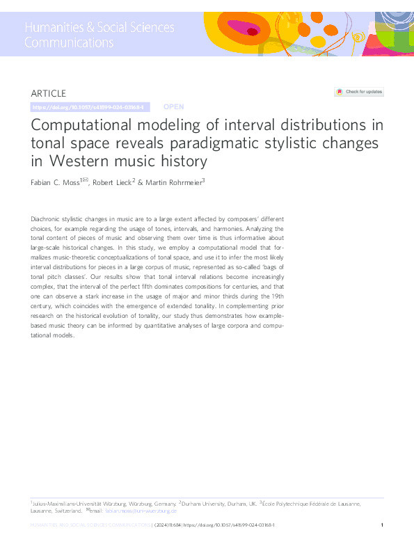 Computational modeling of interval distributions in tonal space reveals paradigmatic stylistic changes in Western music history Thumbnail