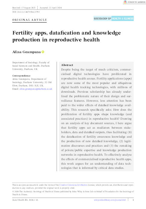 Fertility apps, datafication and knowledge production in reproductive health Thumbnail