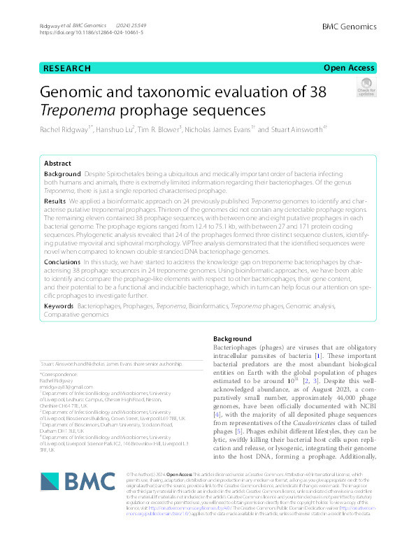 Genomic and taxonomic evaluation of 38 Treponema prophage sequences Thumbnail