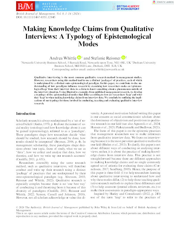 Making Knowledge Claims from Qualitative Interviews: A Typology of Epistemological Modes Thumbnail