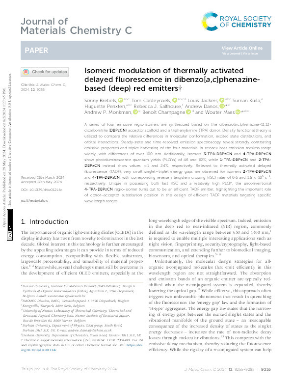 Isomeric modulation of thermally activated delayed fluorescence in dibenzo[ a, c ]phenazine-based (deep) red emitters Thumbnail