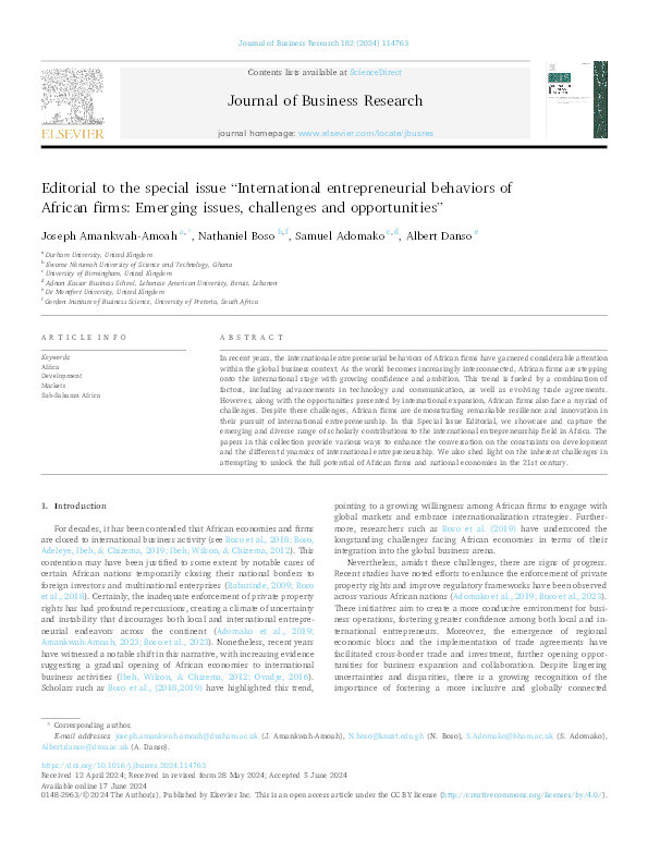 Editorial to the Special Issue "International Entrepreneurial Behaviors of African Firms: Emerging Issues, Challenges and Opportunities" Thumbnail