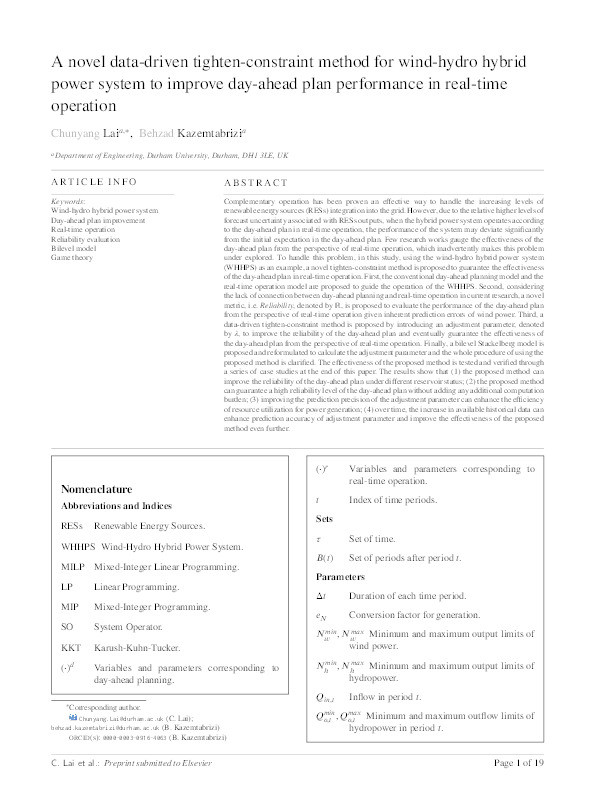 A novel data-driven tighten-constraint method for wind-hydro hybrid power system to improve day-ahead plan performance in real-time operation Thumbnail