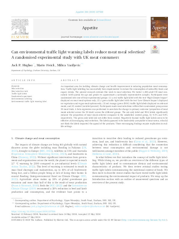 Can Environmental Traffic Light Warning Labels Reduce Meat Meal Selection? A Randomised Experimental Study with UK Meat Consumers. Thumbnail