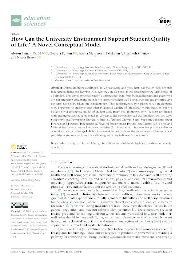 How Can the University Environment Support Student Quality of Life? A Novel Conceptual Model Thumbnail