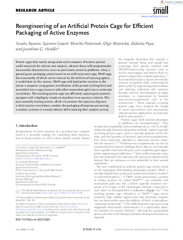 Reengineering of an Artificial Protein Cage for Efficient Packaging of Active Enzymes Thumbnail