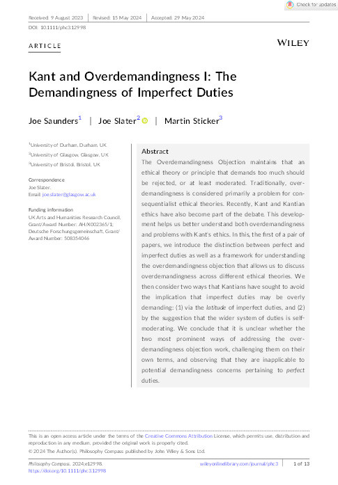 Kant and Overdemandingness I: The Demandingness of Imperfect Duties Thumbnail