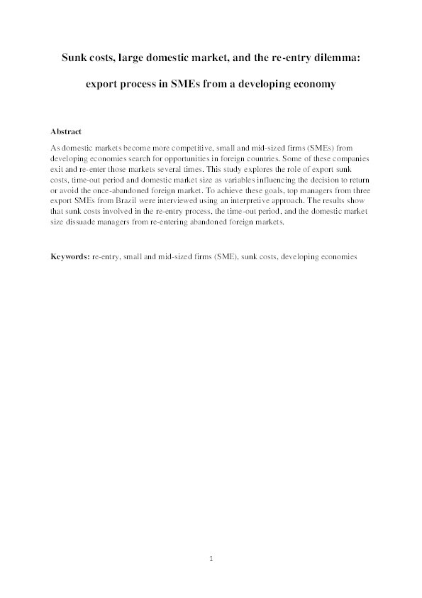 Sunk costs, large domestic market, and the re-entry dilemma: export process in SMEs from a developing economy Thumbnail