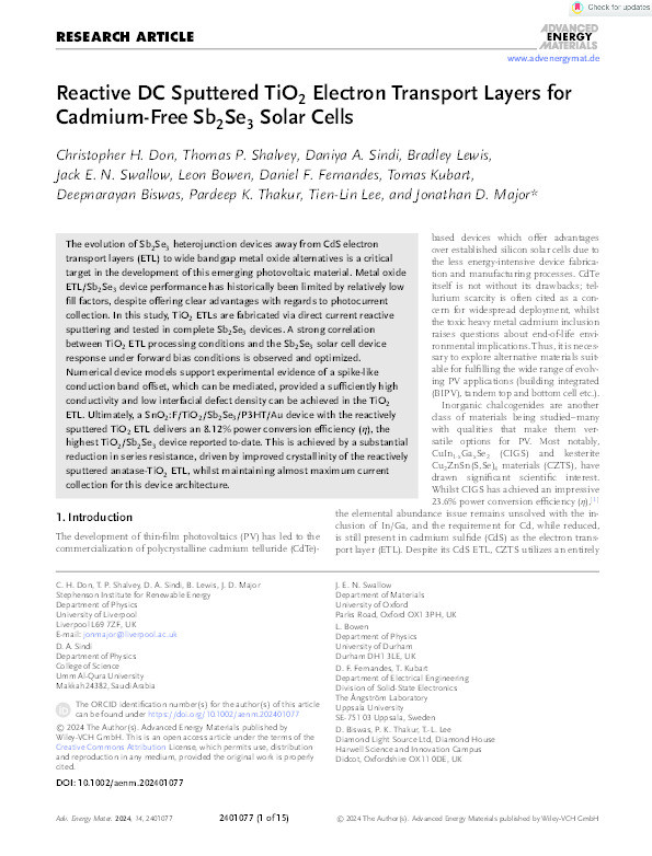 Reactive DC Sputtered TiO 2 Electron Transport Layers for Cadmium‐Free Sb 2 Se 3 Solar Cells Thumbnail