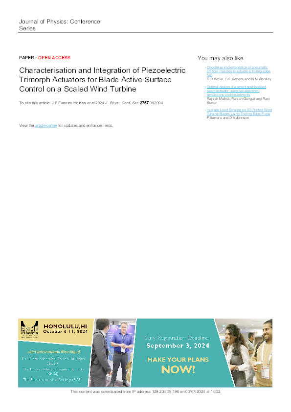 Characterisation and Integration of Piezoelectric Trimorph Actuators for Blade Active Surface Control on a Scaled Wind Turbine Thumbnail