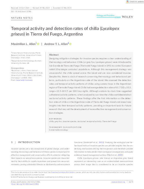 Temporal activity and detection rates of chilla (Lycalopex griseus) in Tierra del Fuego, Argentina Thumbnail