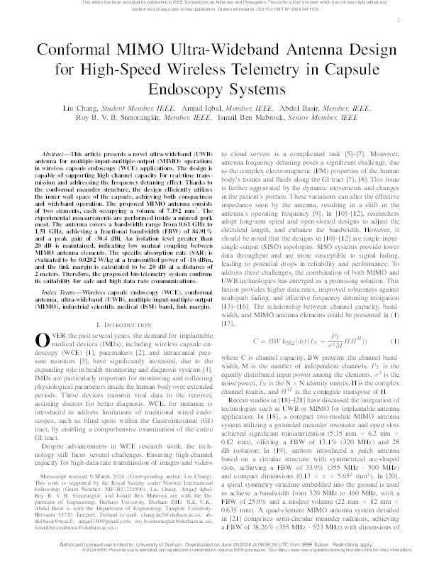 Conformal MIMO Ultra-Wideband Antenna Design for High-Speed Wireless Telemetry in Capsule Endoscopy Systems Thumbnail