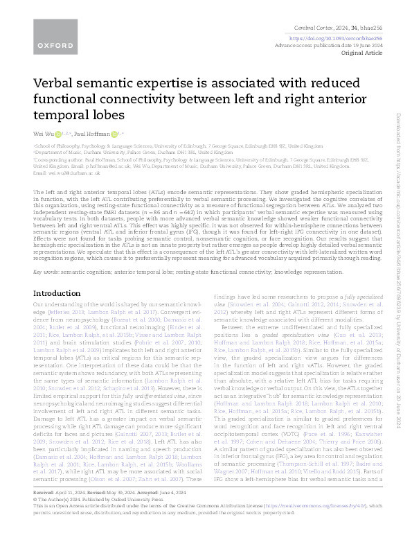 Verbal semantic expertise is associated with reduced functional connectivity between left and right anterior temporal lobes Thumbnail