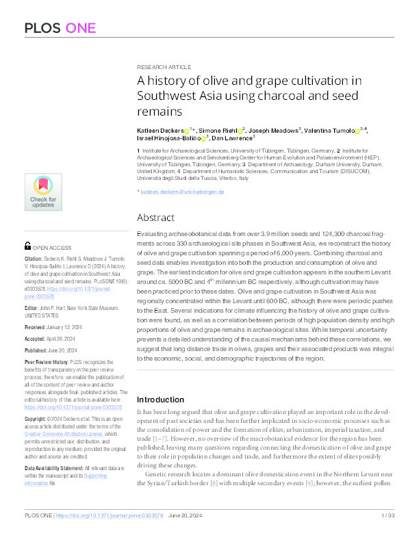 A history of olive and grape cultivation in Southwest Asia using charcoal and seed remains Thumbnail