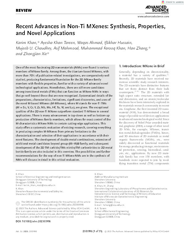 Recent Advances in Non‐Ti MXenes: Synthesis, Properties, and Novel Applications Thumbnail