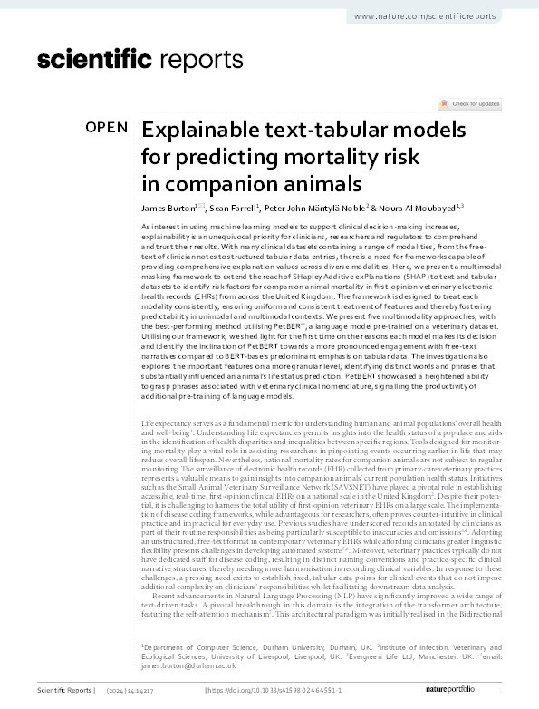 Explainable text-tabular models for predicting mortality risk in companion animals Thumbnail