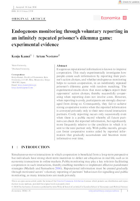 Endogenous monitoring through voluntary reporting in an infinitely repeated prisoner's dilemma game: experimental evidence Thumbnail