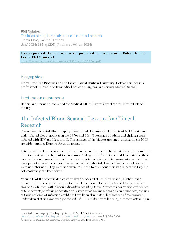 The infected blood scandal: lessons for clinical research. Thumbnail