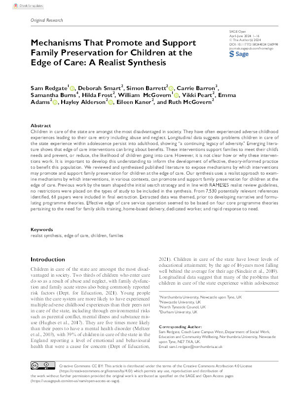 Mechanisms That Promote and Support Family Preservation for Children at the Edge of Care: A Realist Synthesis Thumbnail