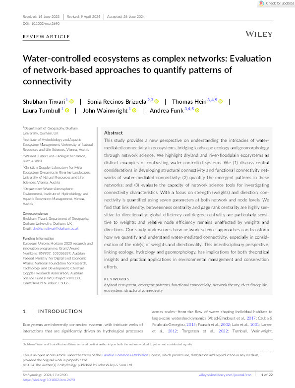 Water‐controlled ecosystems as complex networks: Evaluation of network‐based approaches to quantify patterns of connectivity Thumbnail