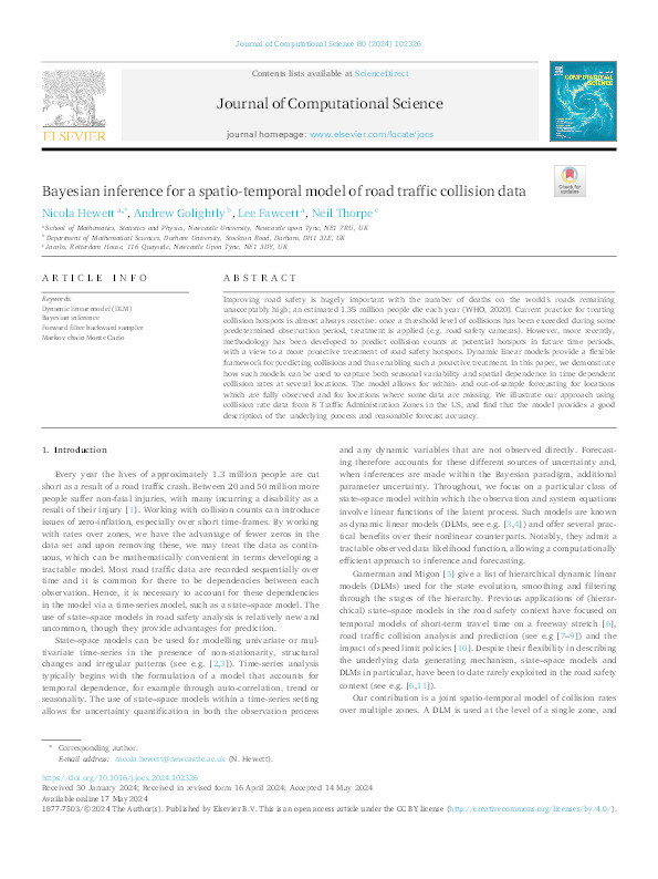 Bayesian inference for a spatio-temporal model of road traffic collision data Thumbnail