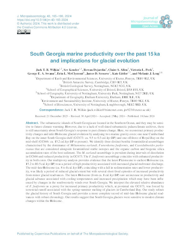 South Georgia marine productivity over the past 15 ka and implications for glacial evolution Thumbnail